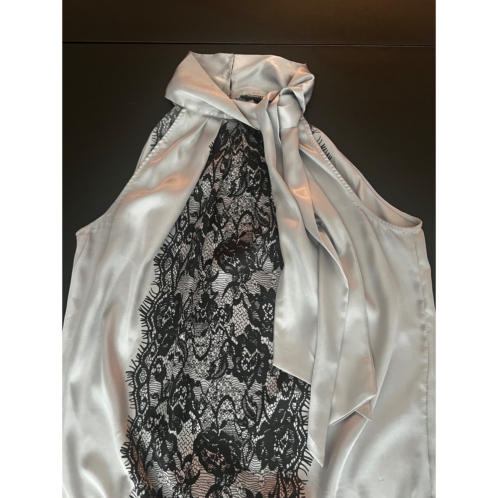 Ashley Stewart Silver Satin Halter Top Black Lace Panel Neck Tie 14W (1135) - Picture 8 of 14